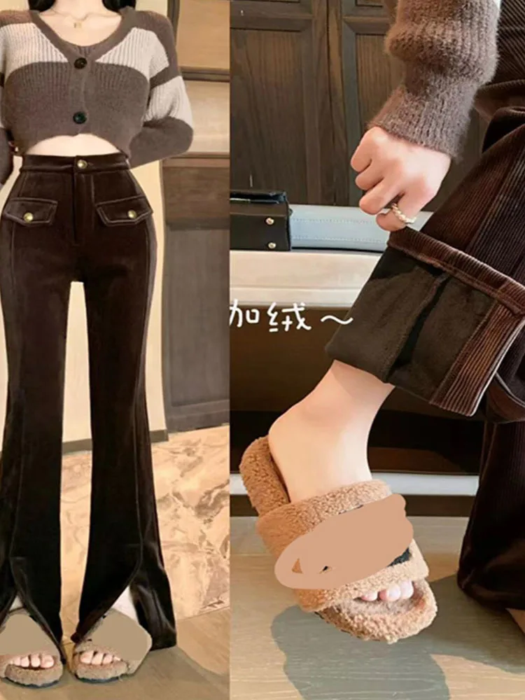 

Black velvet high-end micro flared pants for autumn winter plush thick flared pants drooping casual split floor mop