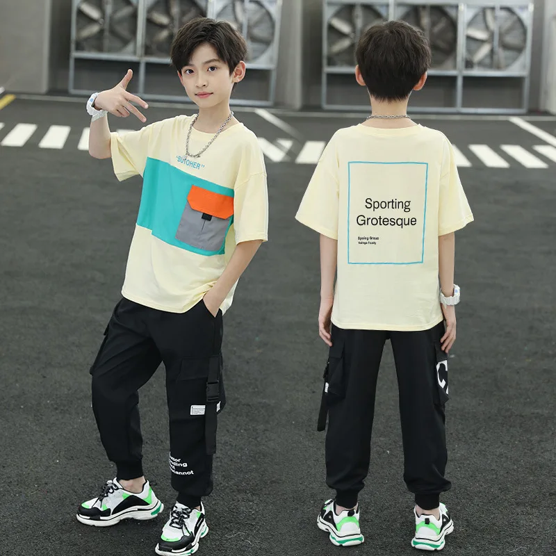 2024 Middle-aged Boys' Fashion Color-blocked Short-sleeved T-shirt and Leggings Two-piece Set