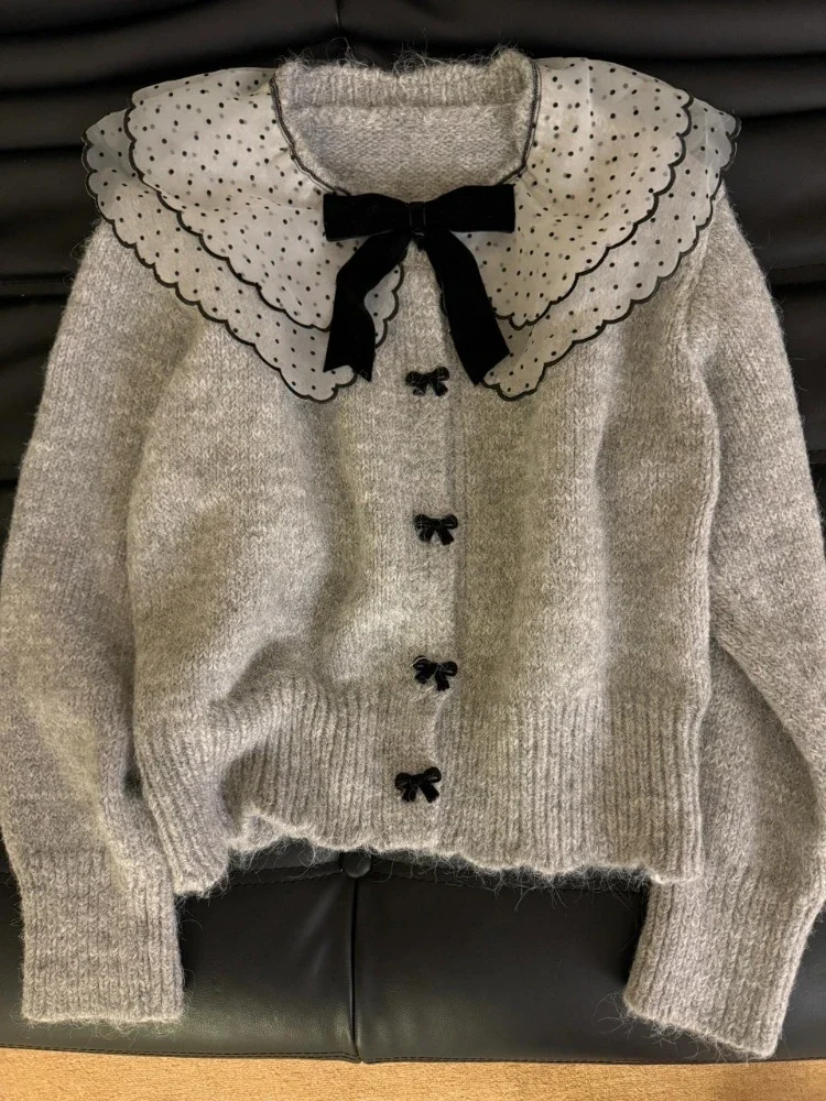 Japanese Kawaii Bow Jumpers Cardigan Y2k Harajuku Vintage Dot Sweet Sweatshirts French Elegant Casual Sweaters Winter Chic