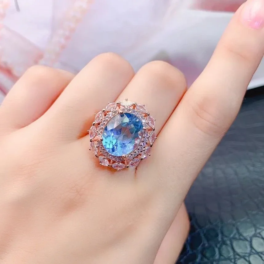 Vintage 925 Silver Topaz Ring for Woman 10mm*12mm 5ct VVS  Natural Light Blue Topaz Silver Ring with 3 Layers 18K Gold Plating