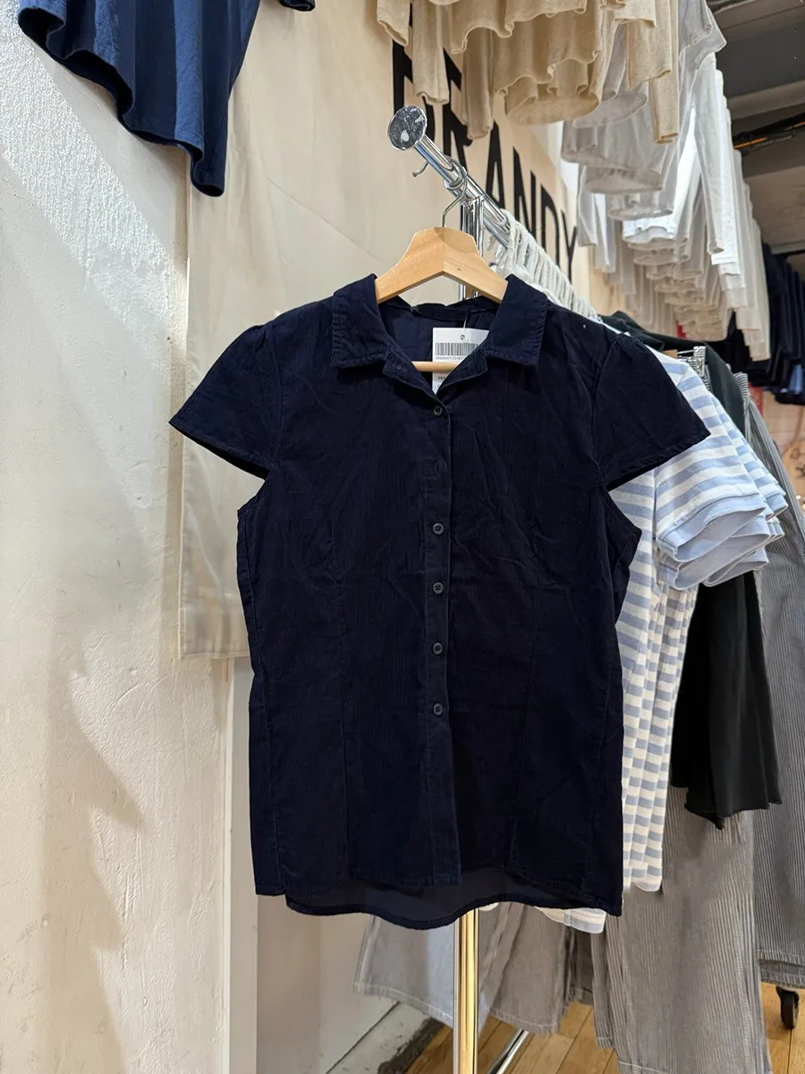 

Navy Corduroy Simple Blouse T-shirts Women Summer Casual Streetwear Buttons Short Sleeve Tees American Vintage Tshirt Y2K Tops