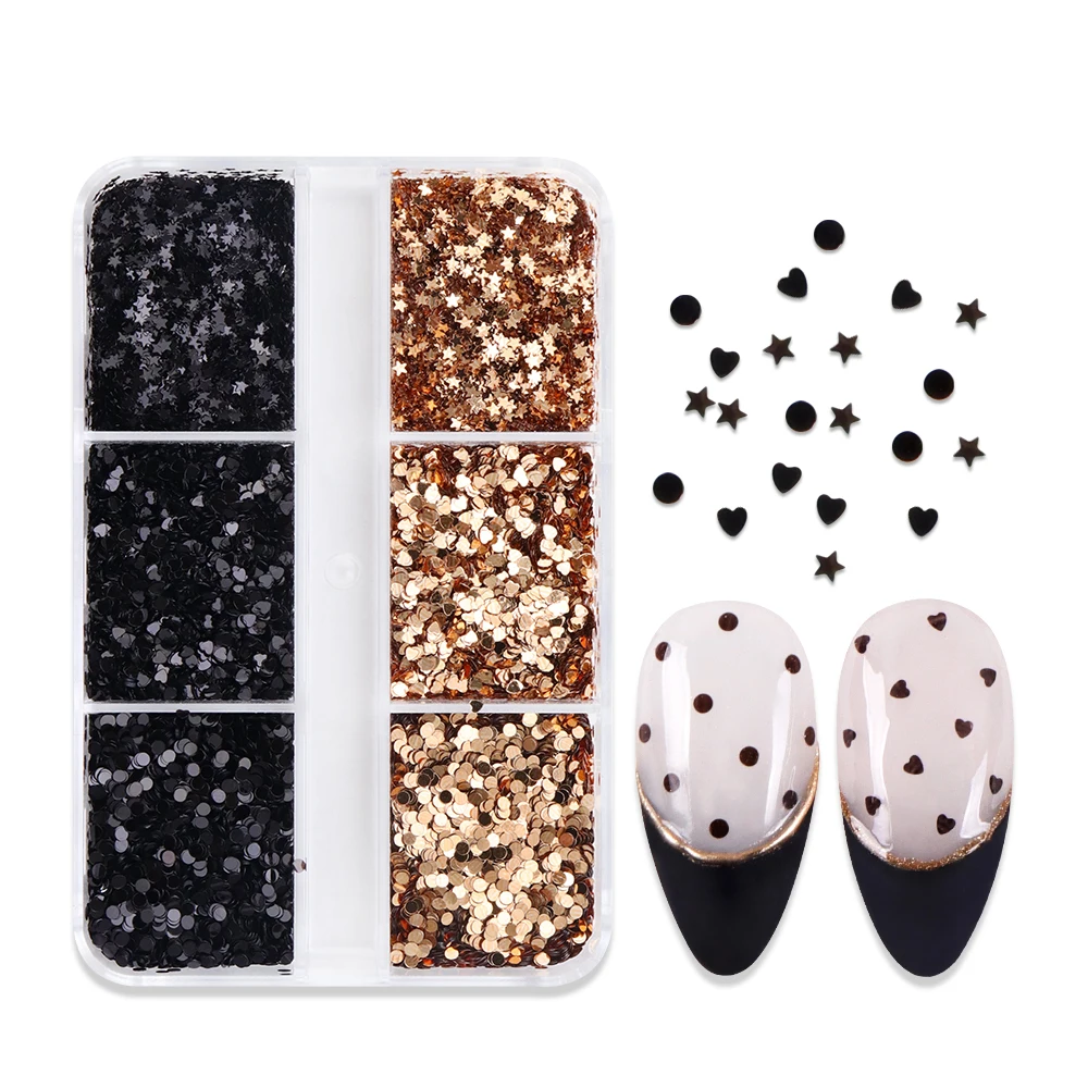 Preto ouro bolinhas arte do prego glitter lantejoulas manicure do vintage lantejoulas bolha estrelas corações forma unhas decoração acessórios