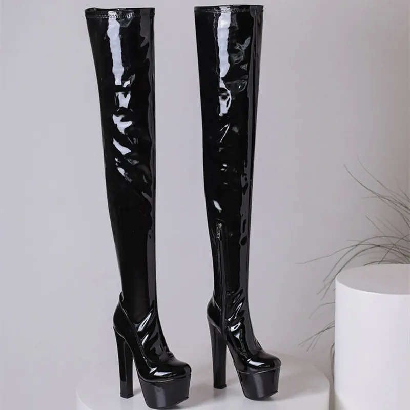 Solid Color Over-the-knee Boots For Women Side Zipper Roud Toe Stiletto Platform Stripper Shoes Patent Leather Matt Designer New