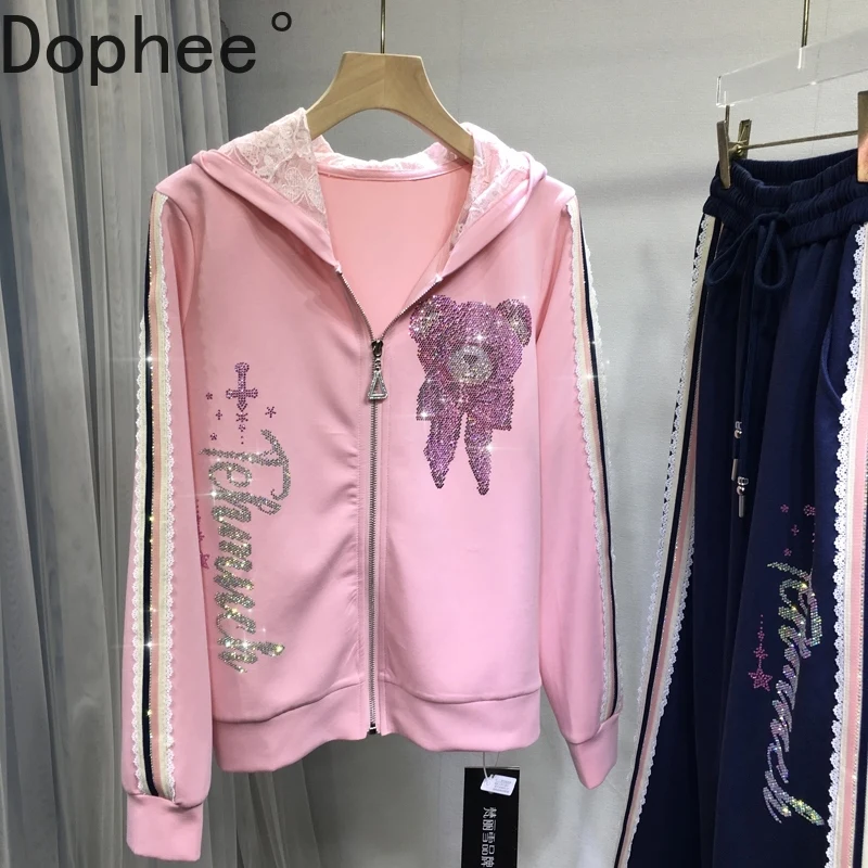 

Модные женские комплекты из двух предметов, универсальные осенние кружевные толстовки с капюшоном и молнией, пальто с эластичной резинкой на талии, широкие спортивные брюки 2025