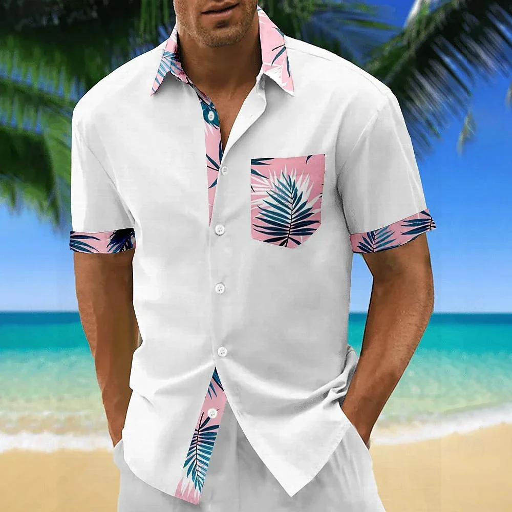 Men's Coconut Tree Printed Shirt, Palm Tree, Hawaiian Holiday, Party Leisure, Summer, Short Sleeve, Pocket, Flip Collar, Shirt