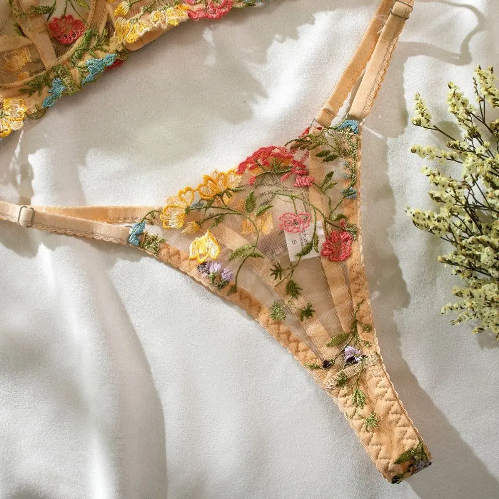 2-Piece Sexy Floral Lingerie Set Embroidery Sheer Women Underwear Boho Bra Panty Set