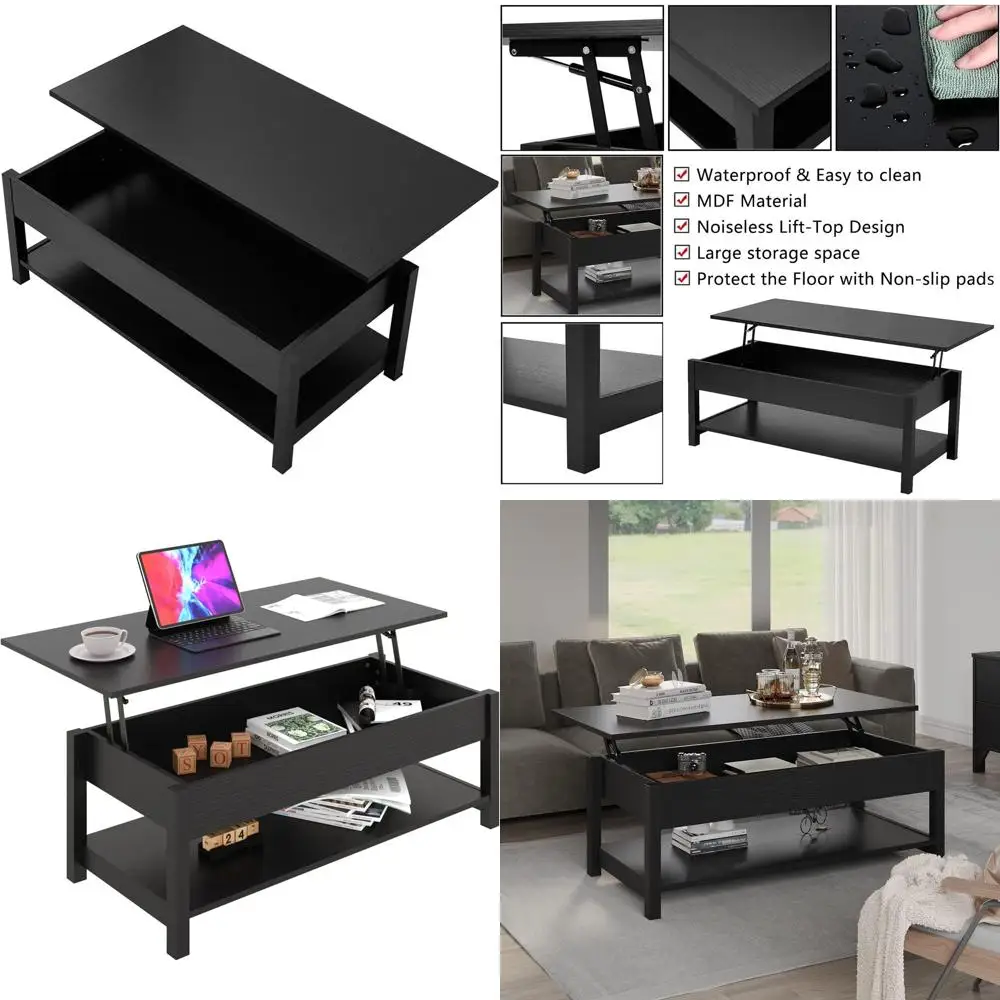 

Illuminated Coffee Table with Hidden Storage and Open Shelf, 45.28 Long, Black for Living Room
