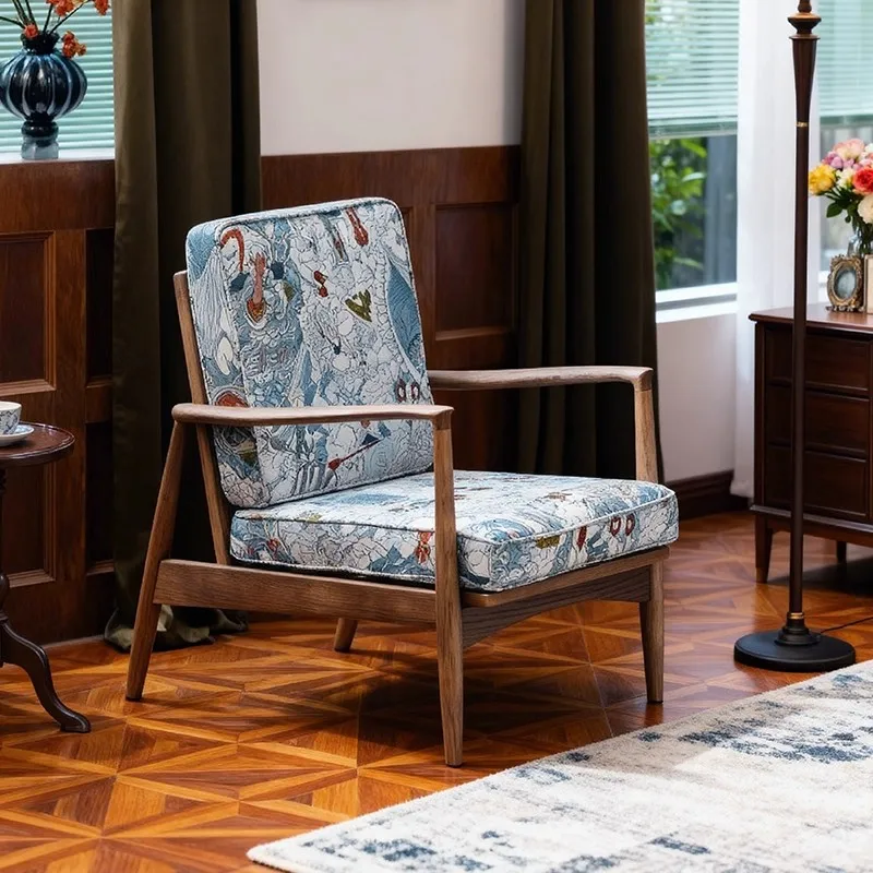 French light luxury solid wood single sofa chair printed fabric villa living room bedroom balcony household sofa chair