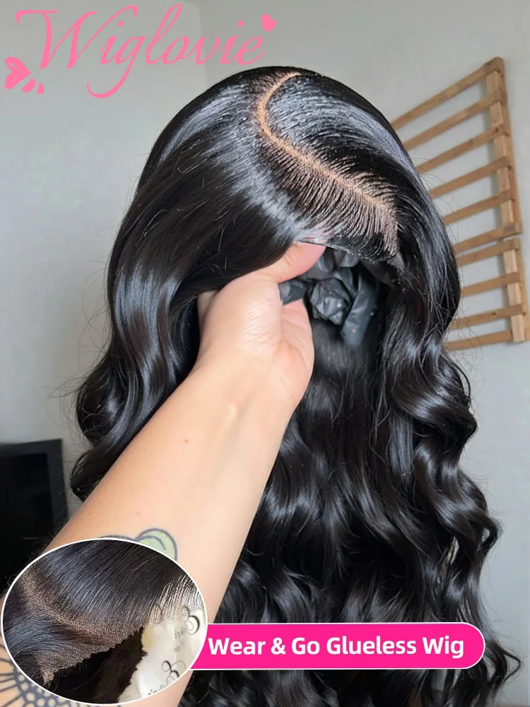 Wiglovie Peluca de Cabello Humano con Cierre de Encaje 6x6 sin Pegamento, Ondas Suaves de 40 Pulgadas, Lista para Usar, Peluca 5x5 sin Pegamento, Color Negro Natural para Mujer