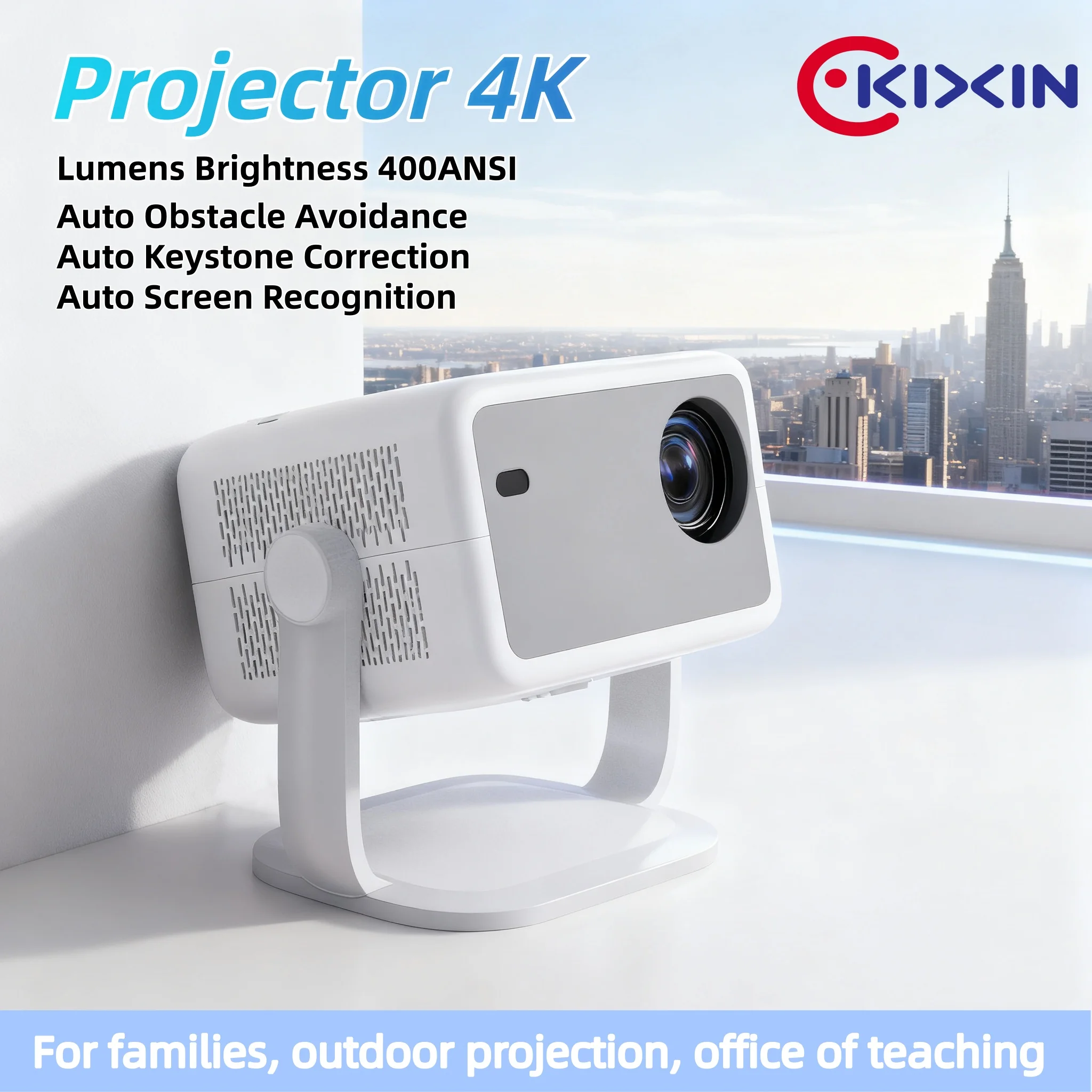 

KIXIN 400ANSI Native Portable Projector 4K projetor 1080P Auto Focus Keystone Correction BT5.4 Android 14 WIFI6 360° Home Cinema