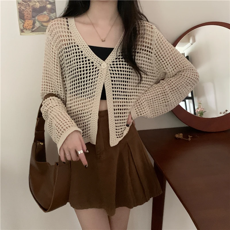 Pointelle Knit Long Sleeve One Button Cardigan Sweater for Women Cover-Up Spring Summer Y2K Grunge Outfit