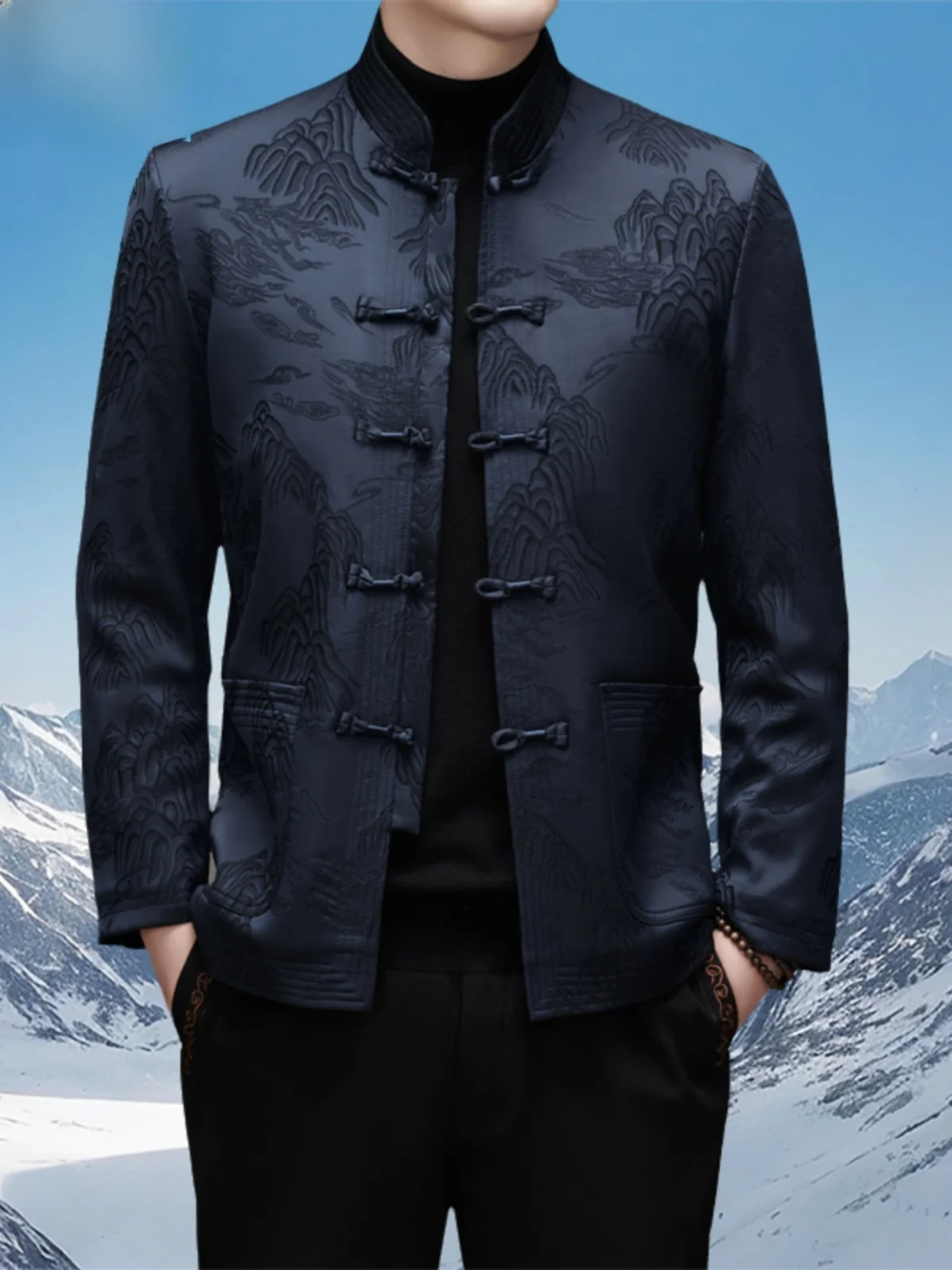 

Men's Thiened Fce Lined Stand Collar Jaet Printed Winter Coat Warm Sli Dad New Chinese Sle Outerwear Coat