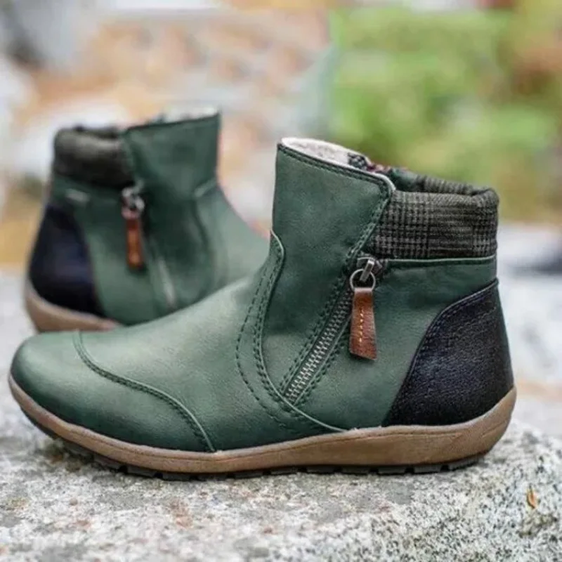 Autumn and Winter New Double Zipper Flat Color Block Fashion Snow Boots Women