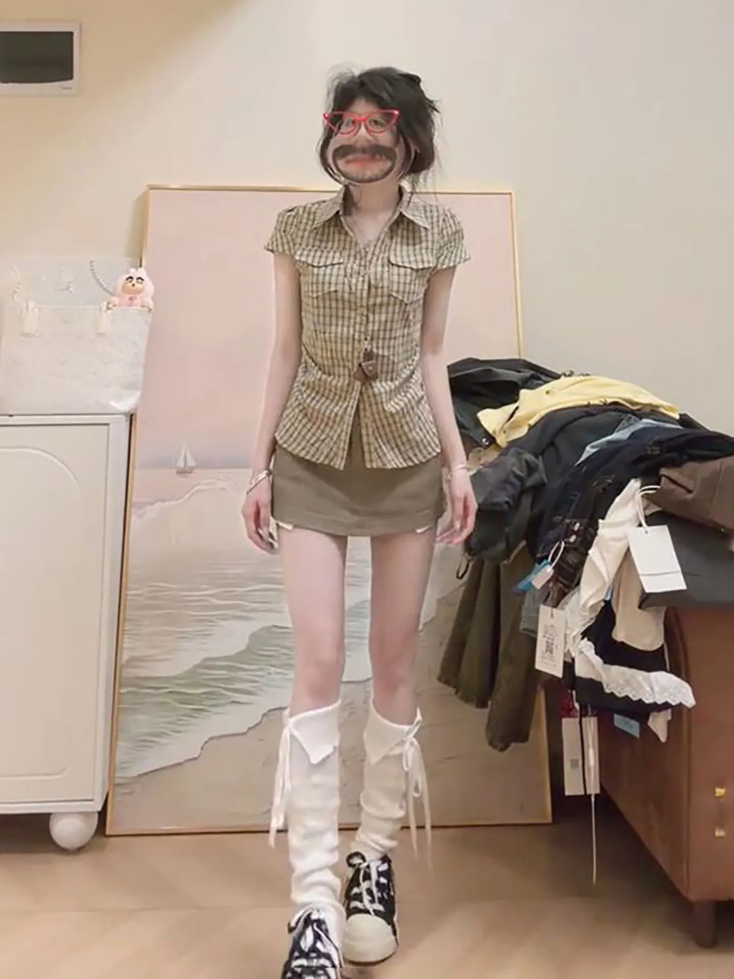 

Sweet Cool Plaid Short Sleeve Shirt And Khaki Skirt Two Piece Set for Women Summer Fashion Outfit High Waist Collar