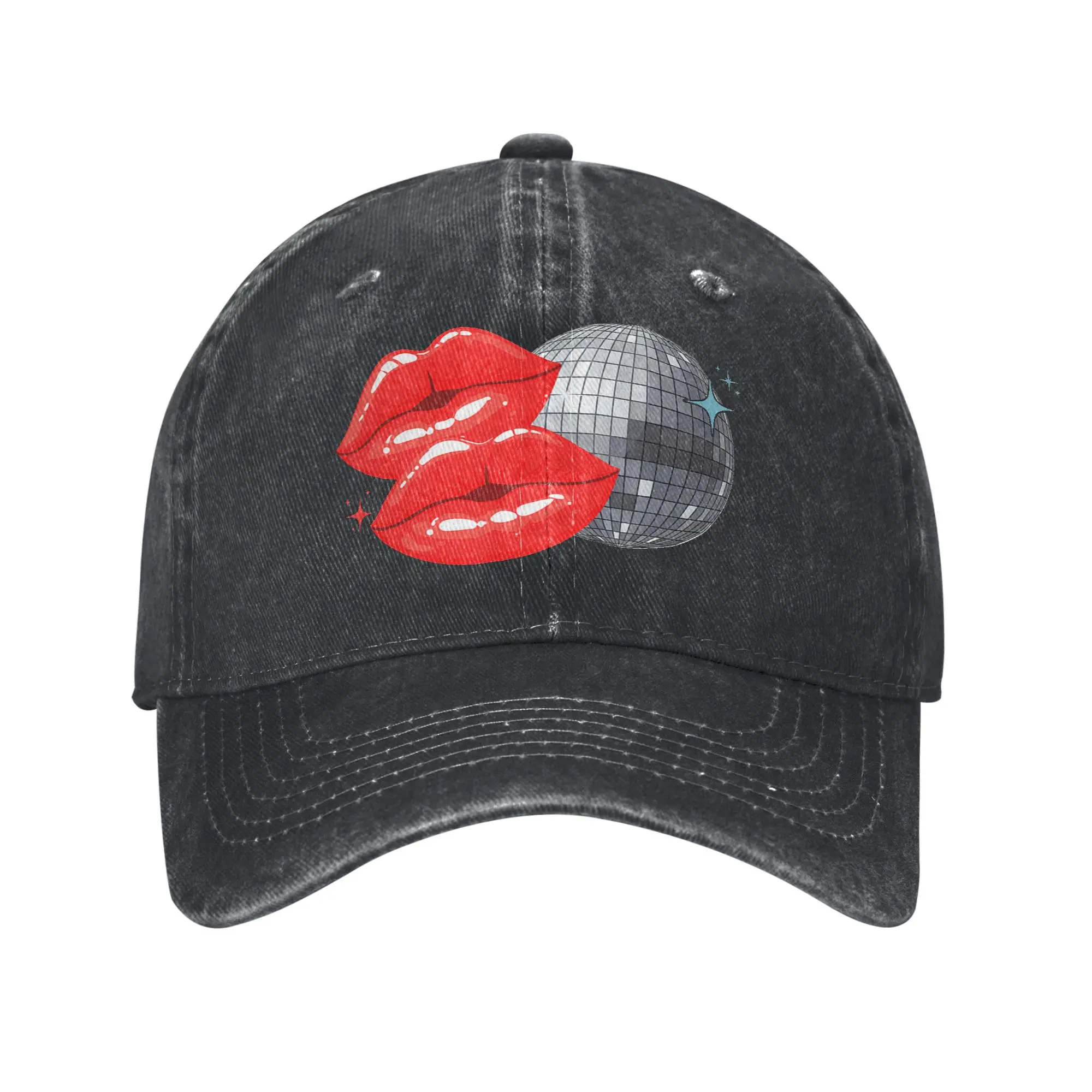 Washed Baseball Cap Disco Ball Kissing Lips Summer Trucker Hat For Women Men  Casual Outdoor Sport Sun Snapback Cap