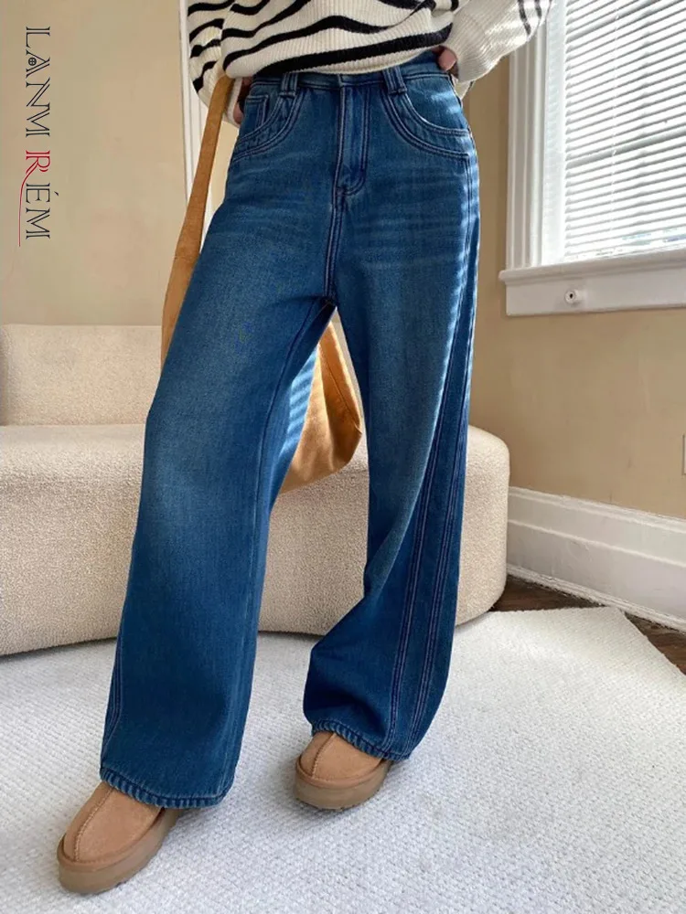 LANMREM Office Lady Side Design Special Jeans Women High Waist Pockets Versatile Denim Trousers Female 2025 New Fashion 2DC1325