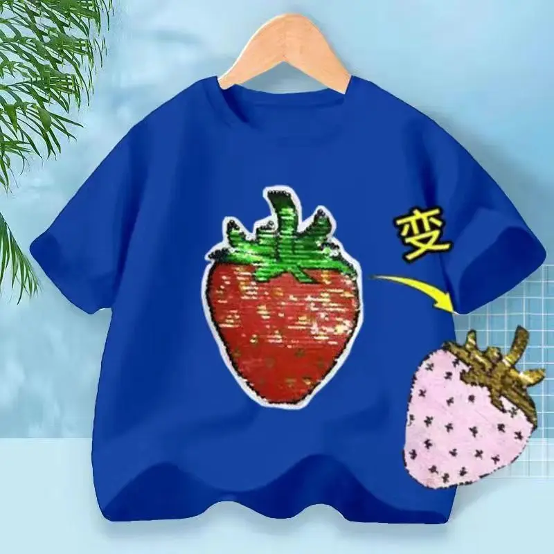 Kids Short Sleeved T-shirt Sequin Strawberry Pink Red Touch Conversion Small and Medium-sized Children Top