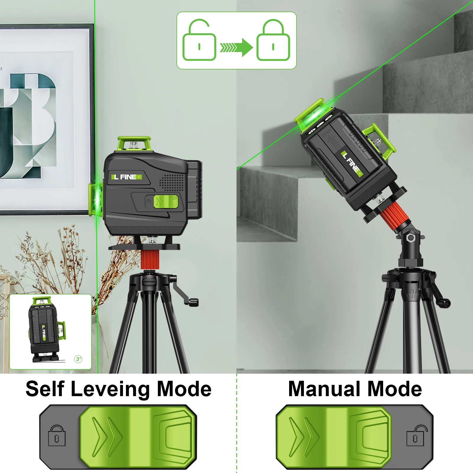 LFINE 16 Lines Professional Laser Level with Suitcase Automatic 360°Self-leveling Nivel Laser Horizontal Vertical Green Lines