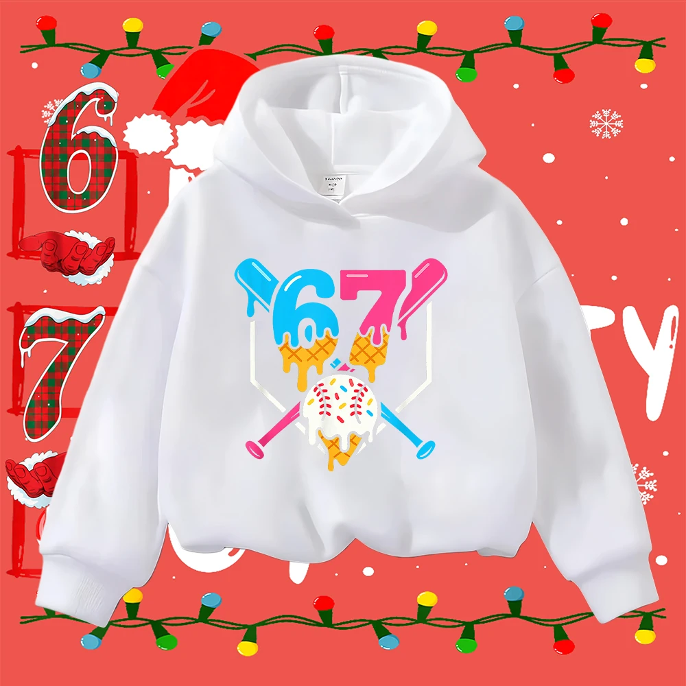 Felpa natalizia per bambini 67 Gelato Mazza da baseball Stampa Bambino Ragazzi Ragazze Inverno Casual Pullover a maniche lunghe Top