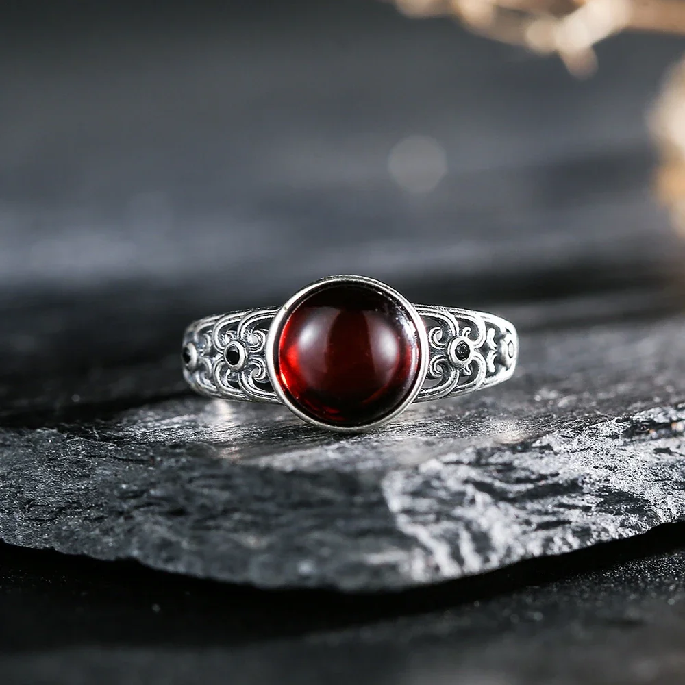 Sterling 925 Silver Ring 8mm Natural  Amber Vintage Adjustable Bands Exuqisite Floral Design Handmade Bohemian Jewelry Gift