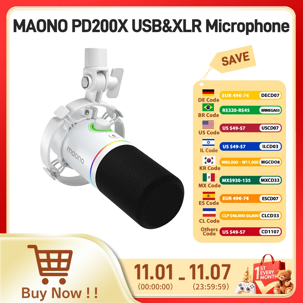 

Игровой микрофон Maono PD200X RGB Динамический микрофон USB/XLR Двухрежимный микрофон Подкаст Микрофон RGB USB Игровой микрофон XLR Микрофон