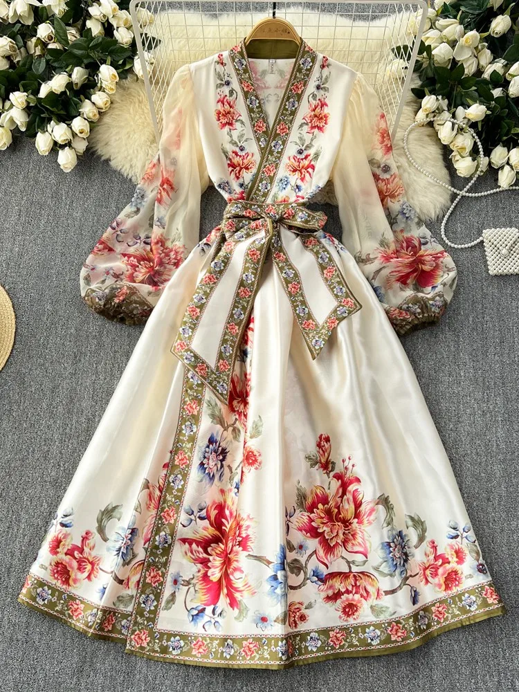 New Vintage Palace Attire Long Party Dress Women Printed Floral Dresses Female Elegant Shirt Long Robe Casual Holiday Vestidos