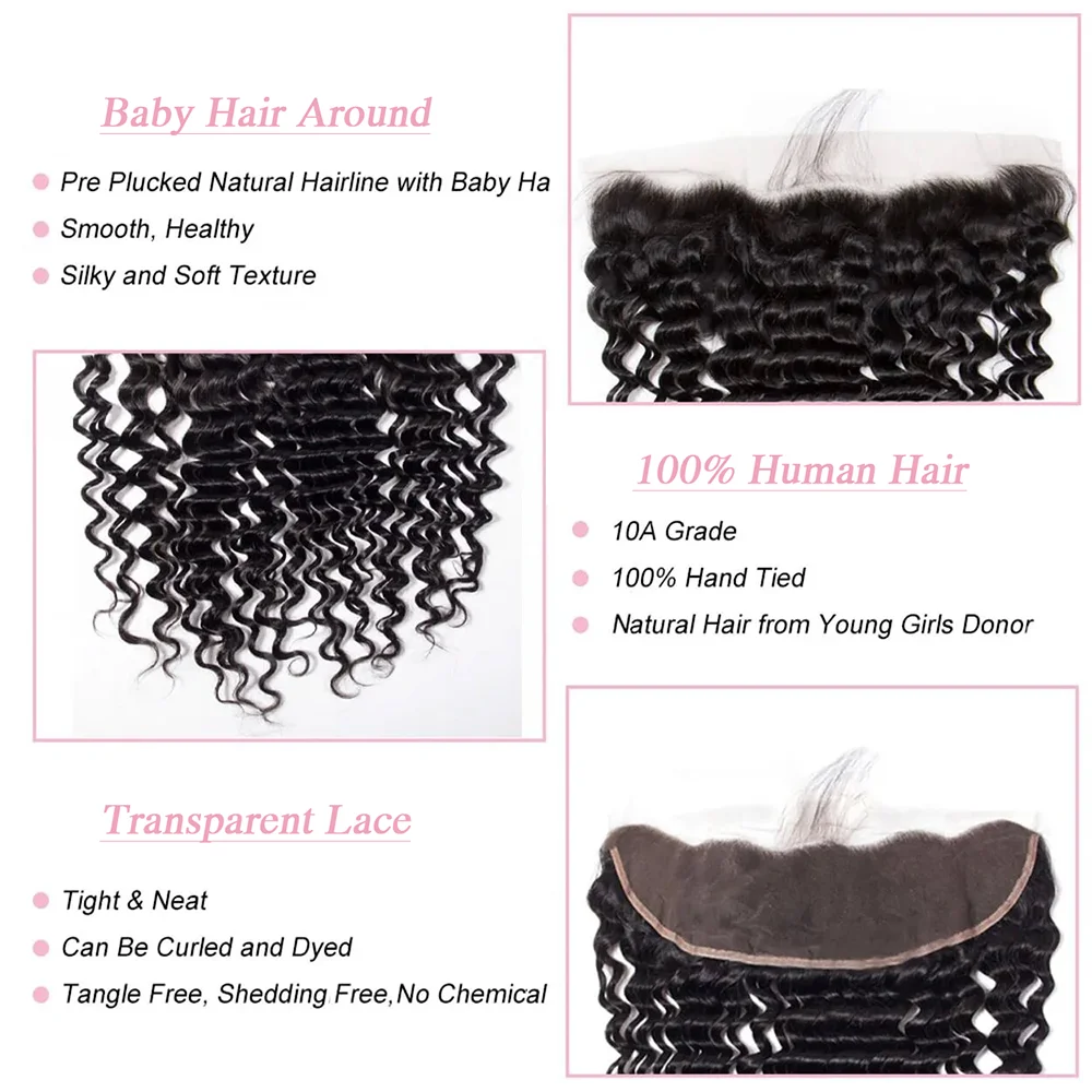 Human Hair Bundles Deep Wave Natural Color Frontal Extensions 13x4 HD Lace Hair Bundles With Closures 100% Human Hair Tissage