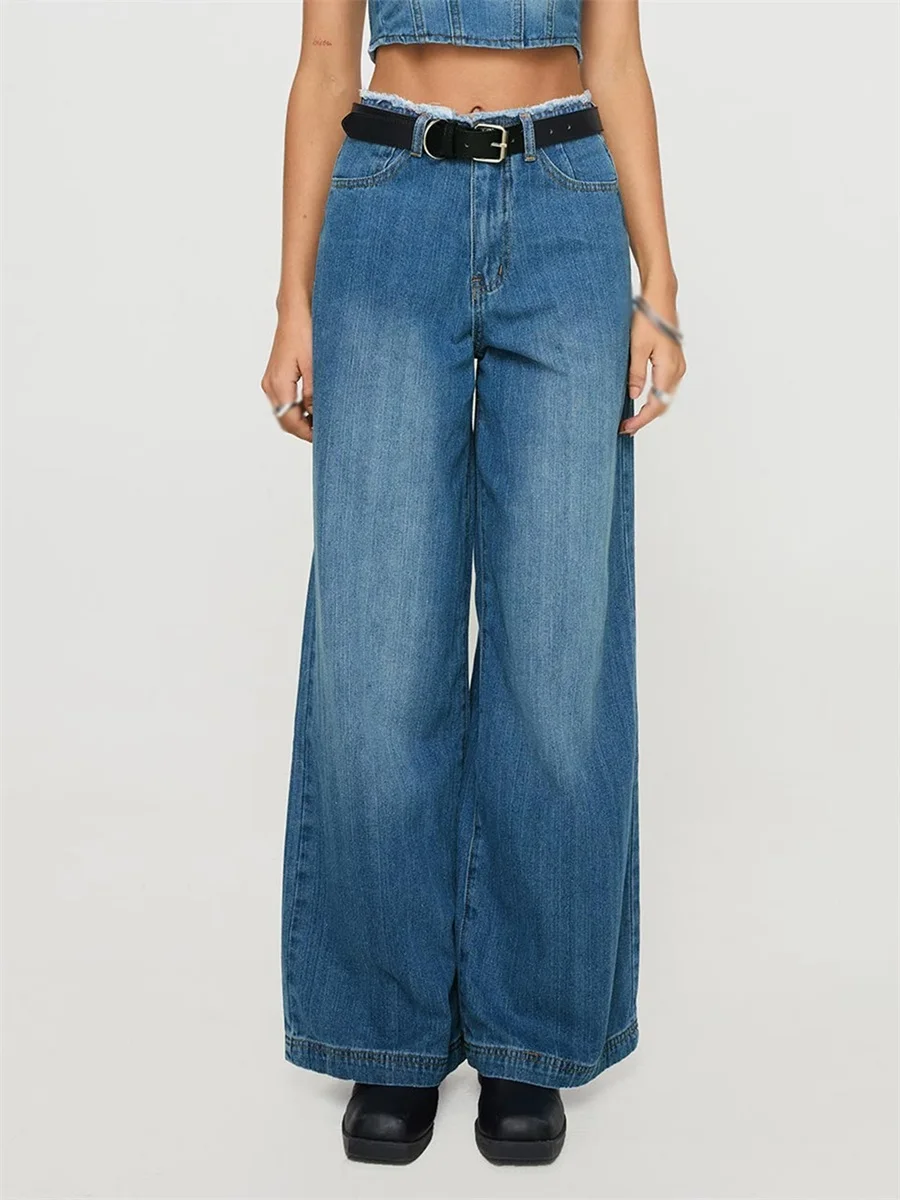 Women's Fall Jeans with Pockets Fashion Casual Loose Fit Solid Color Low Rise Wide Leg Denim Pants Aesthetic Streetwear