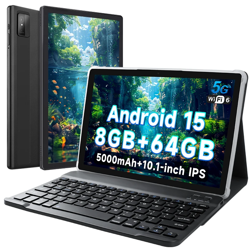 タブレット 10.1インチ Android 15 タブレット、8GB+64GB+1TB拡張、オクタコア、タッチスクリーン電子タブレット、ゲーム、学習用、5000mAh