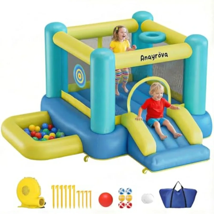 

Inflatable Bounce House for Ages 3-6 Indoor Outdoor Toddler Bouncy Castle with Ball Pit Basketball Hoop Target Game Blower Carr