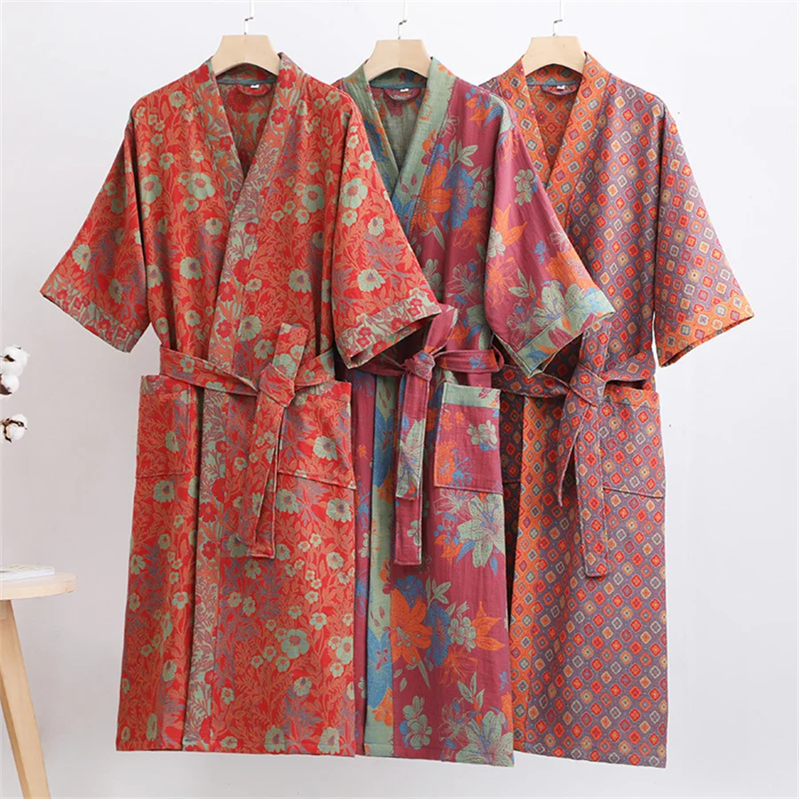 2024 Summer Couple Dressing Gown Vintage Loungewear Double Layer Gauze Bathrobe Men Shower Robe Women V-neck Kimono Sleepwear