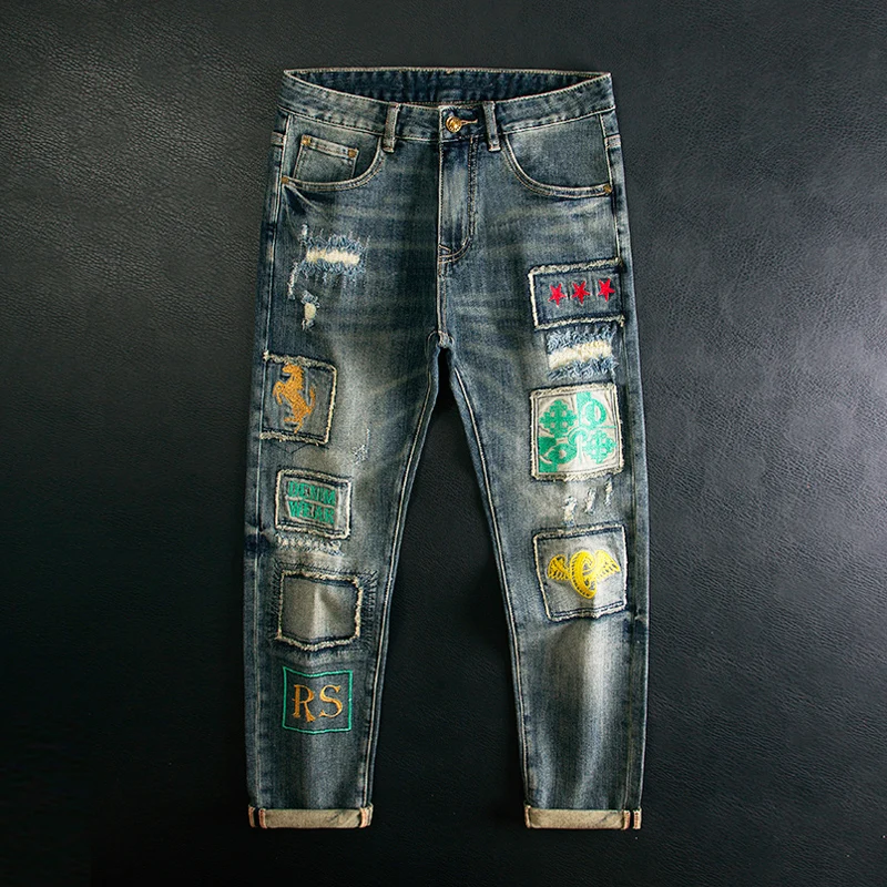 

Street Fashion Men Jeans Retro Washed Blue Stretch Slim Fit Ripped Jeans Men Embroidery Patched Designer Hip Hop Denim Pants