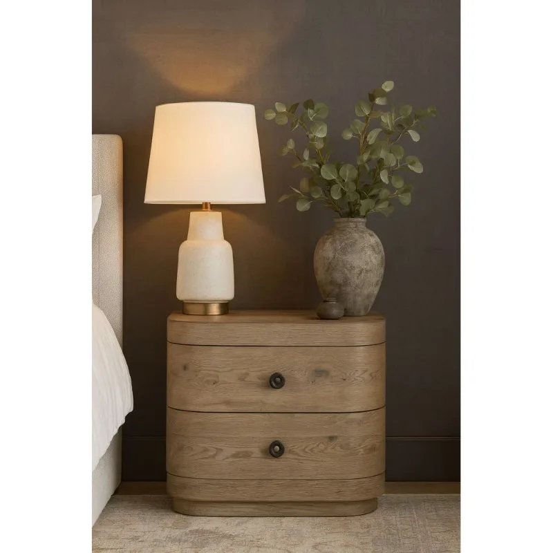 

Light Wood 2 Drawer Round Nightstand Modern Bedroom Side Table With Storage