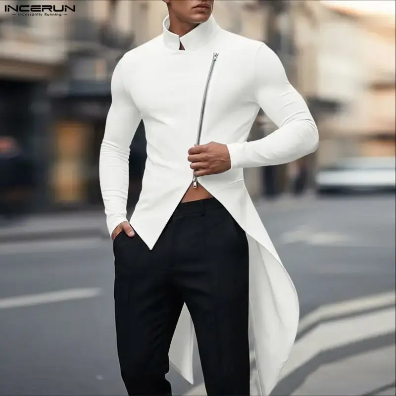 INCERUN Men Irregular Shirt Solid Stand Collar Long Sleeve Zipper Male Cardigan Streetwear 2026 Fashion Casual Tops Men Clothing - Image 3