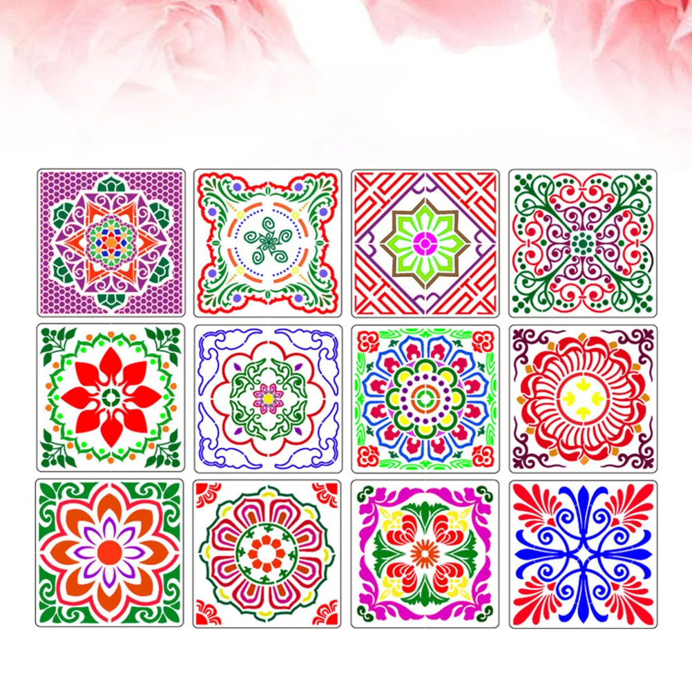 

12 Pcs Spray Templates Mandala 3d Stair Stickers Blue Paint Painting Decals Floral Drawing