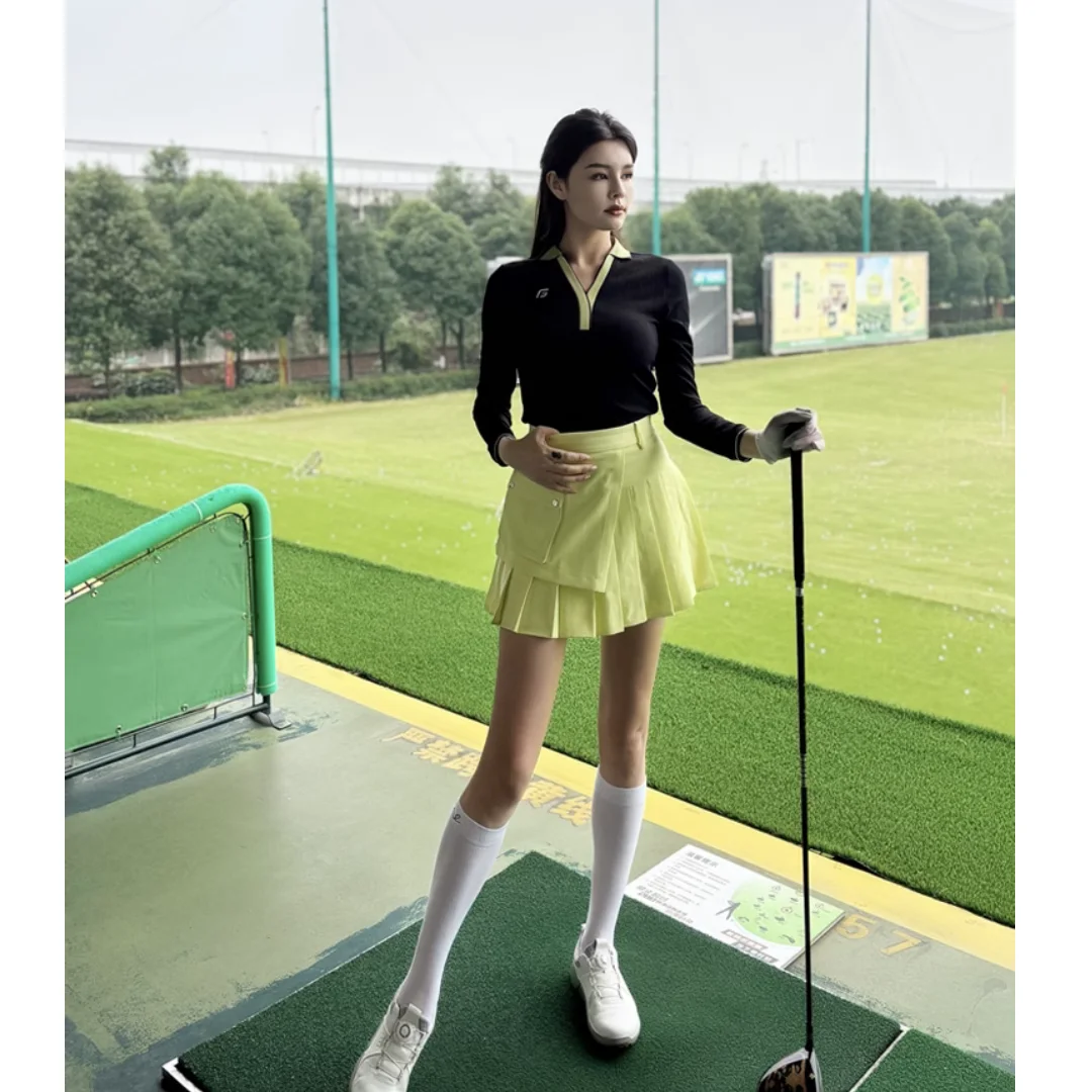 Golf clothing women\'s autumn and winter polo shirt long sleeved T-shirt slim fit and slimming V-neck top pleated short skirt set