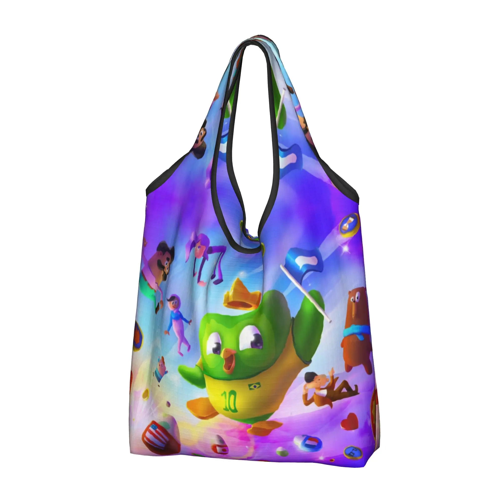 Fashion Print Cute Cartoon Duolingos Educational Parrot  Tote Shopping Bag Portable Shopper Shoulder  Handbag