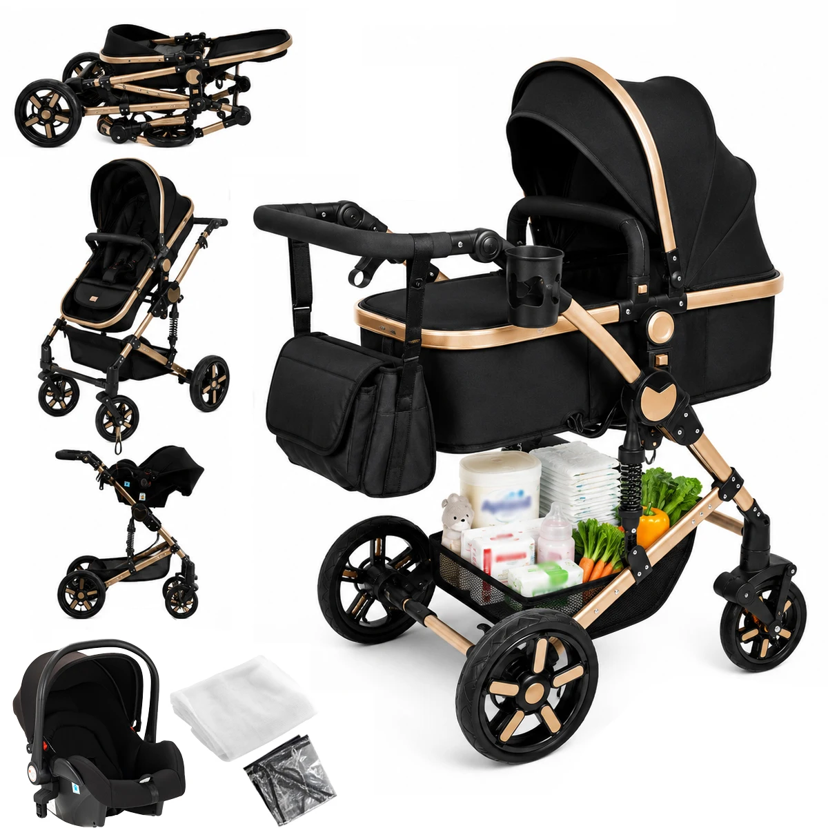 Converteerbare kinderwagen 3-in-1 kinderwagen Reissysteem Lichtgewicht hooglandschapontwerp Omkeerbare zitting Comfortabele verstelbare rugleuning Grote zonnekap Soepele verende wielen voor