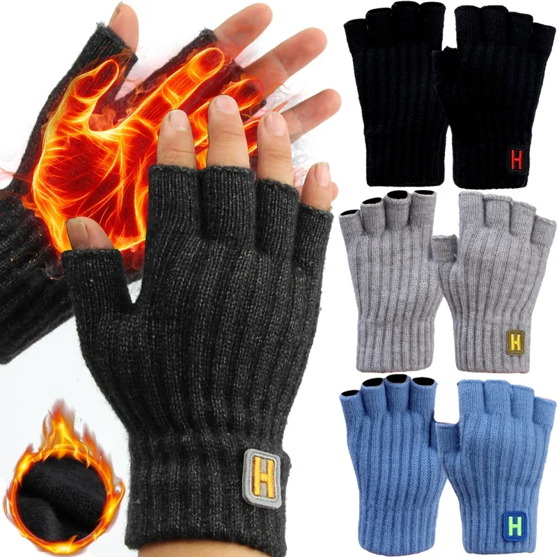 New Autumn And Winter Knitted Warm Half Finger H-label Gloves With Sliding Screen Fashion Men\'s Sports Mittens Warmth Cold-proof