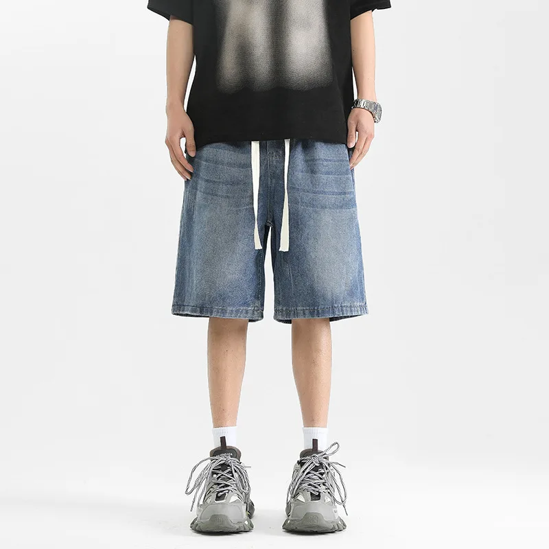 

Летние мужские эластичные свободные джинсовые шорты на шнурке, винтажная уличная одежда, джинсовые короткие джинсы в стиле хип-хоп