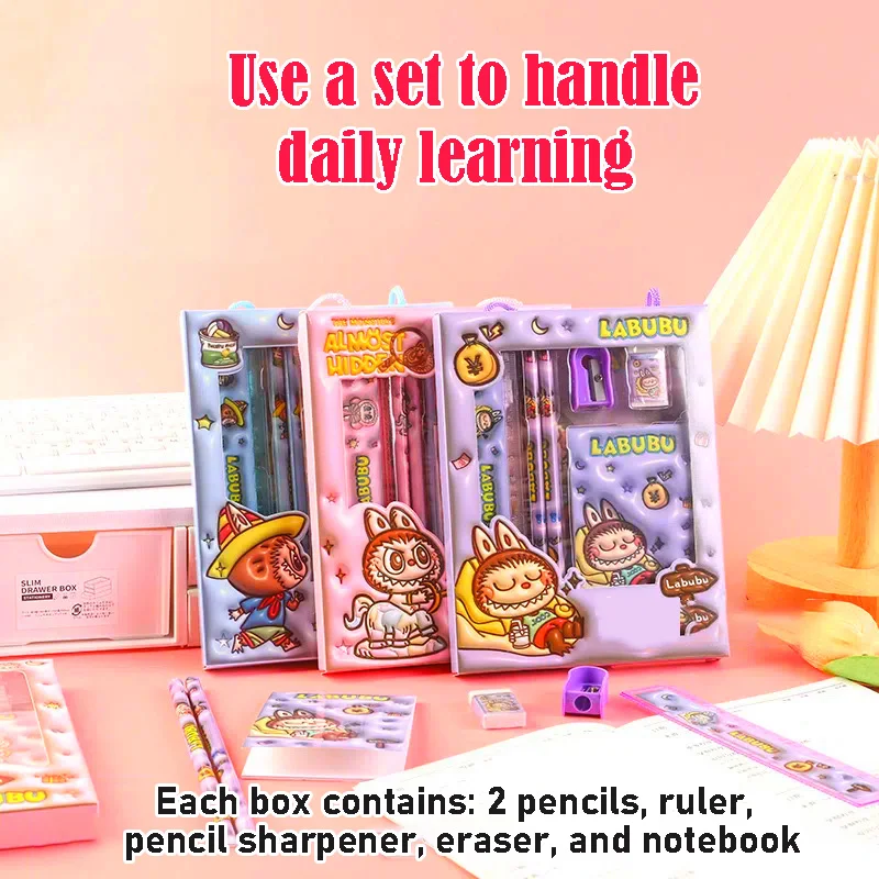 Labubu Cute Cartoon Pupil Stationery Pencil Eraser Set Gift Children Term Begins School Learning Supplies for Students Present