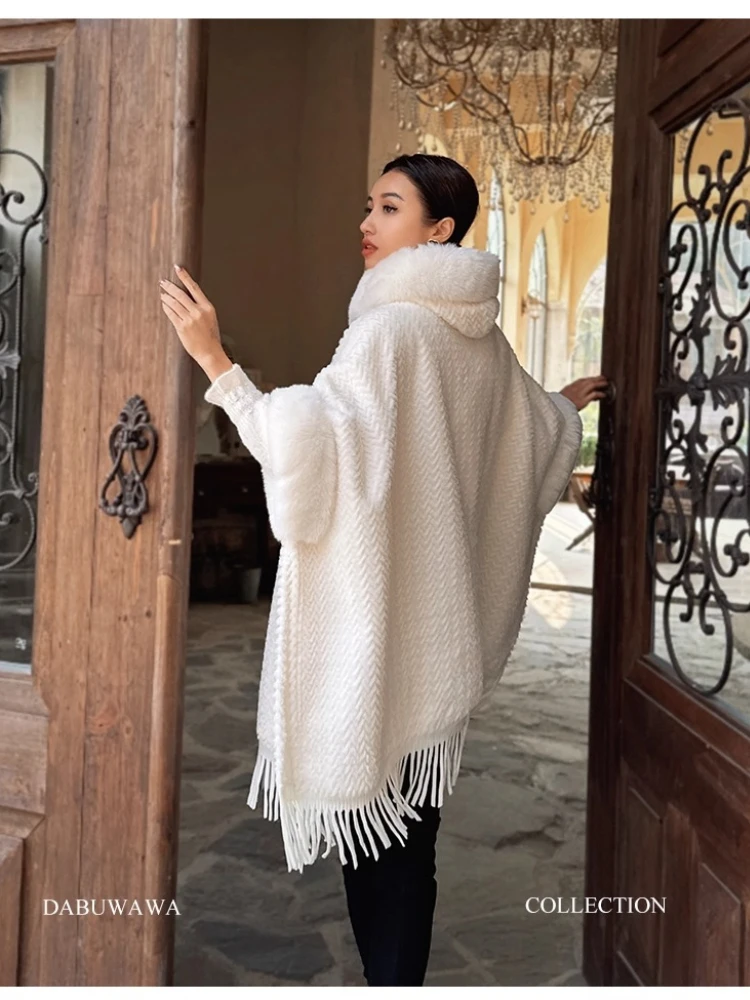 أزياء فرنسية أنيقة أوف وايت فو الثعلب الفراء طوق معطف طويل جاكيتات سميكة الدافئة شرابة أفخم كيب عباءة للنساء الشتاء #4