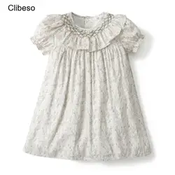 2024 Flowers Ruffled Collar Baby Girl Party Dress Embroidery Boutique Smocking Dresses for Infant Girls Vintage Elegant Clothing