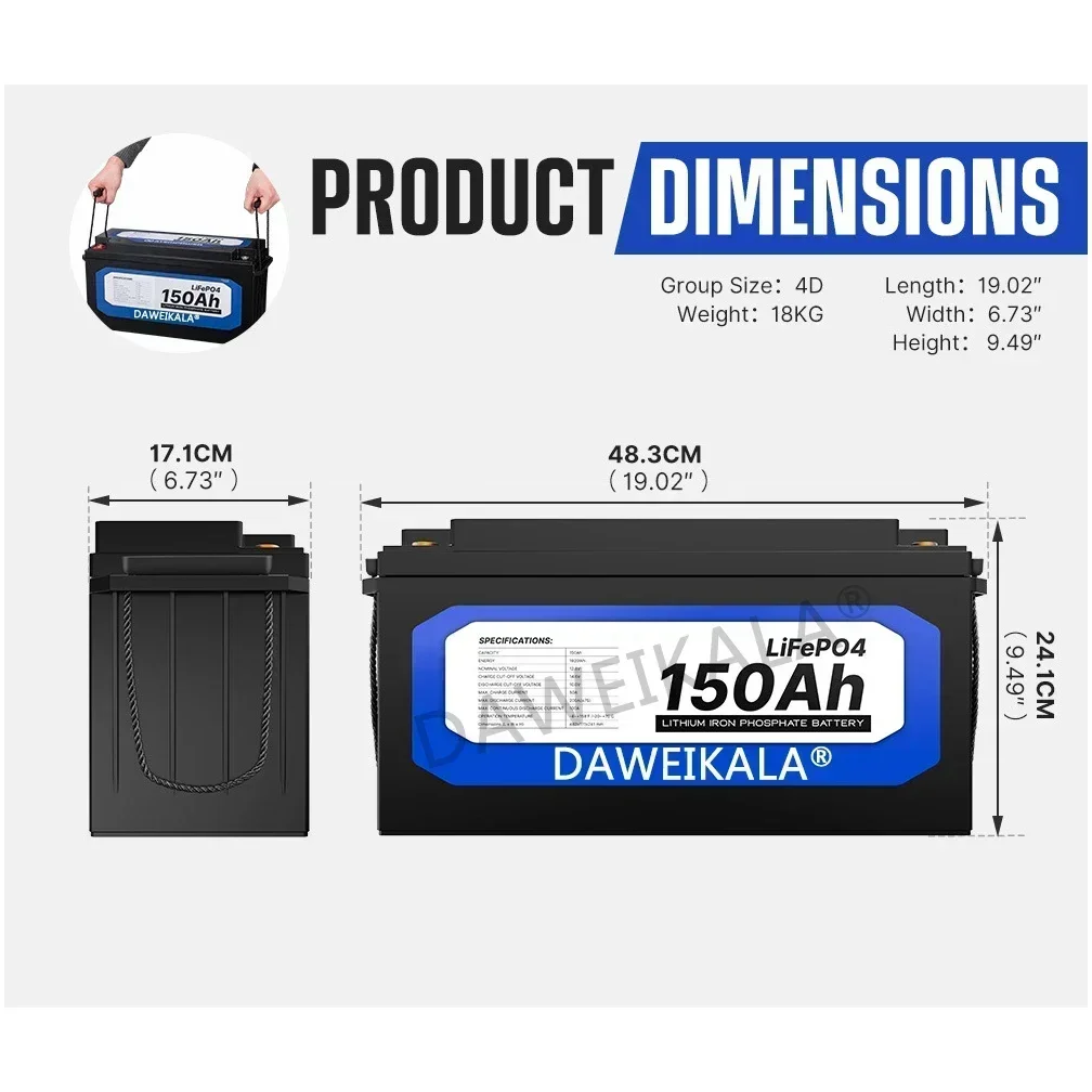 12V 150Ah LiFePO4 Battery Lithium Iron Phosphate Battery Built-in BMS for Solar Power System RV House Trolling Motor Tax Free