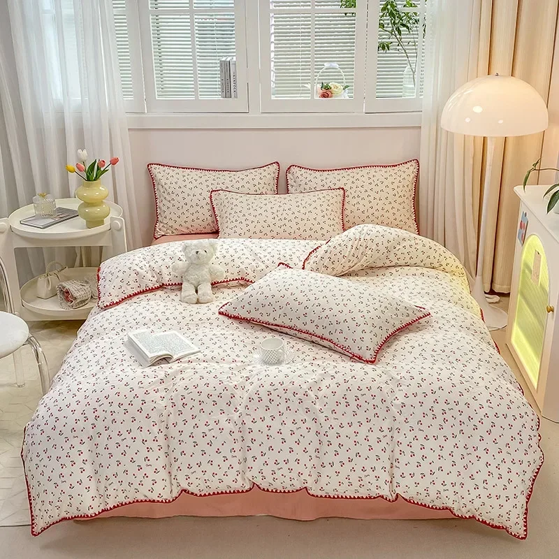 4PCS Plant Floral Duvet Cover Set Girls Cherry Soft Washed Cotton Duvet Comforter Set Home Bedding Set Ins Style Home Bedclothes