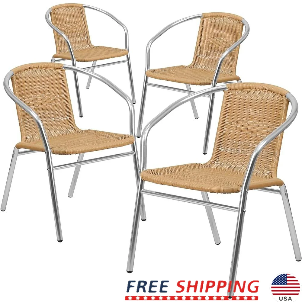 Commercial Stack Chairs Set of 4 Aluminum Rattan Back and Seat Lightweight Durable Indoor Outdoor Use