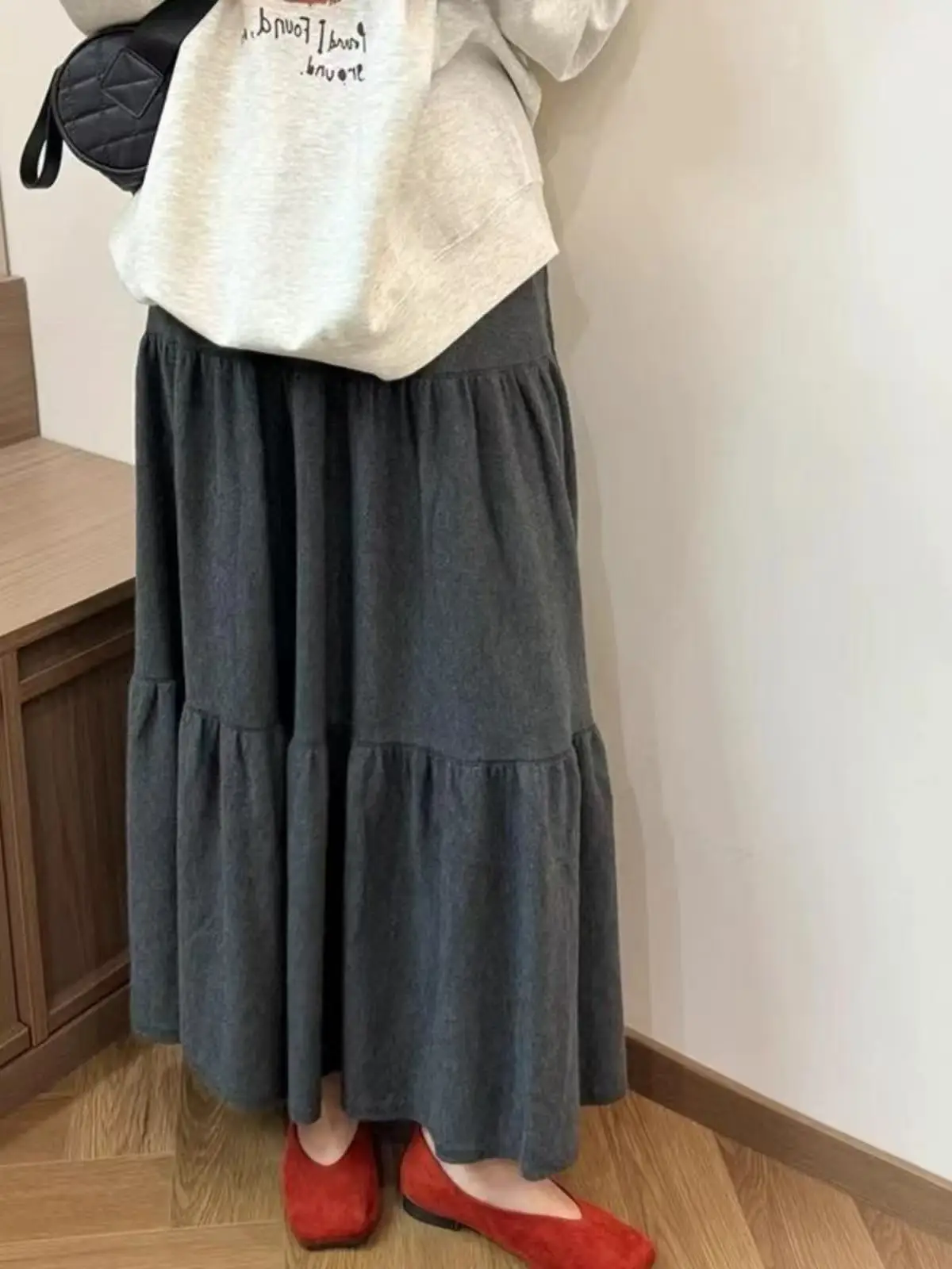 

plus Size Women's Knee-Length Knitted Pleated Skirt Mid-Length Cake Skirt Spring Autumn High Waist Elastic Waist Korean Style