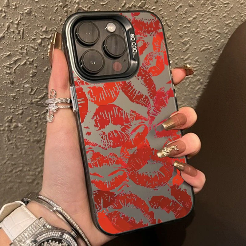 Sexy Girl Red Lips Electroplate Silver IMD Phone Case For iPhone 15 16 Pro Max 14 13 12 11 XR XS 7 8 Plus Shockproof Back Cover