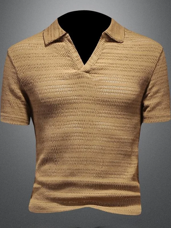

Men's Summer Casual irt ort Sve Knitted Hollow out Breathable Pure Color Versatile Turn-down Collar T-irt