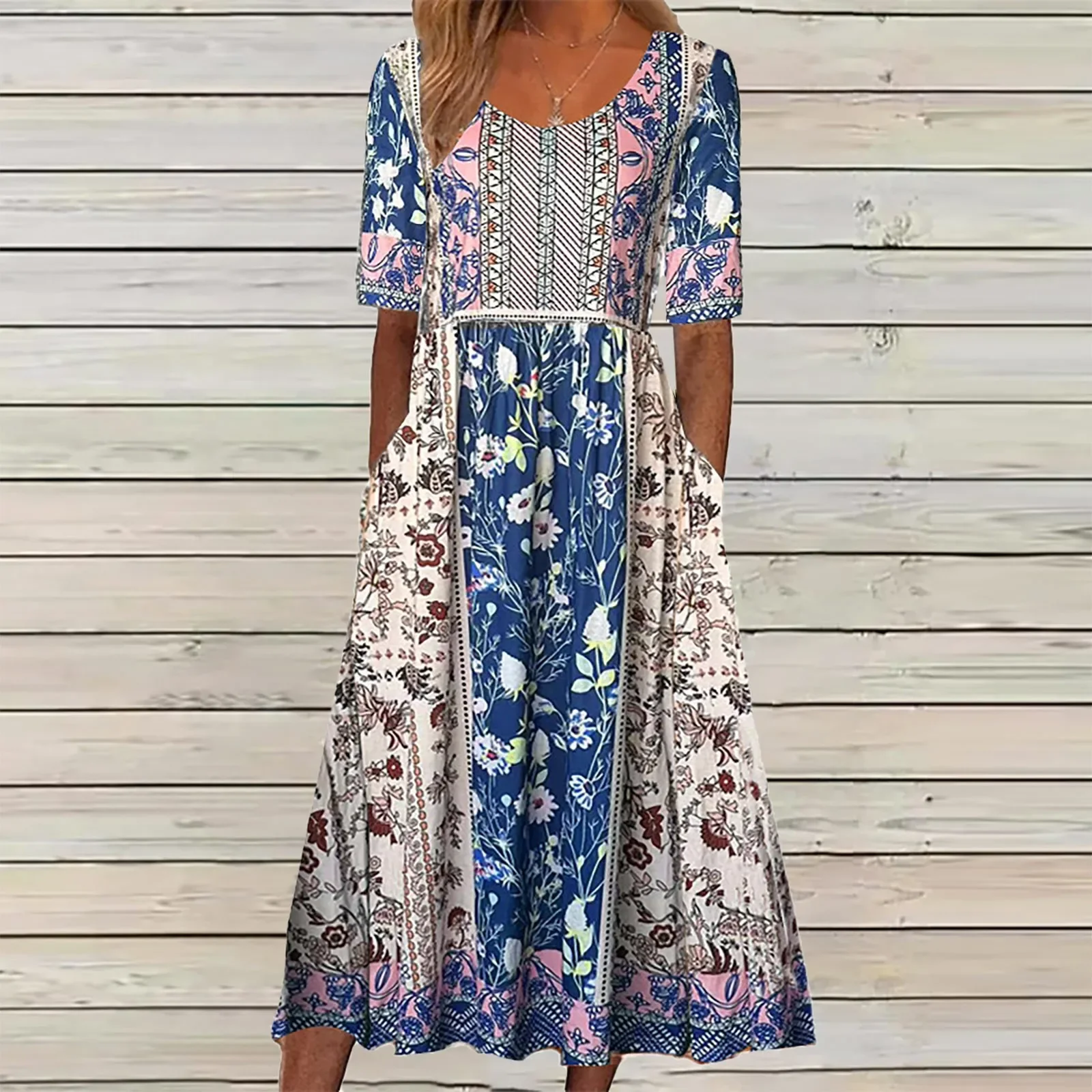 

Women's Floral Dress National Style Print Dress Loose Fit Casual Comfort Elegant Beach Dress with Pocket 2023 Summer New Style